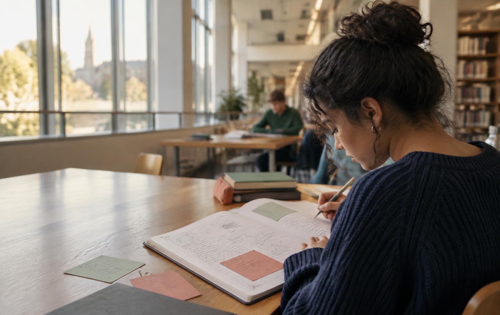A student reflecting on their next steps in a library